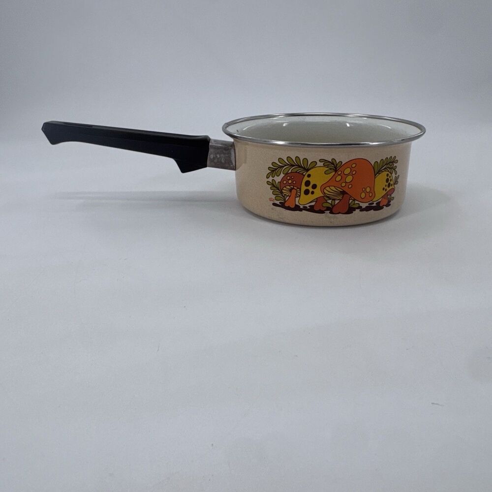 Sears Merry Mushroom Vintage 1970s Enamel 1 Quart Saucepan No Lid Orange Yellow
